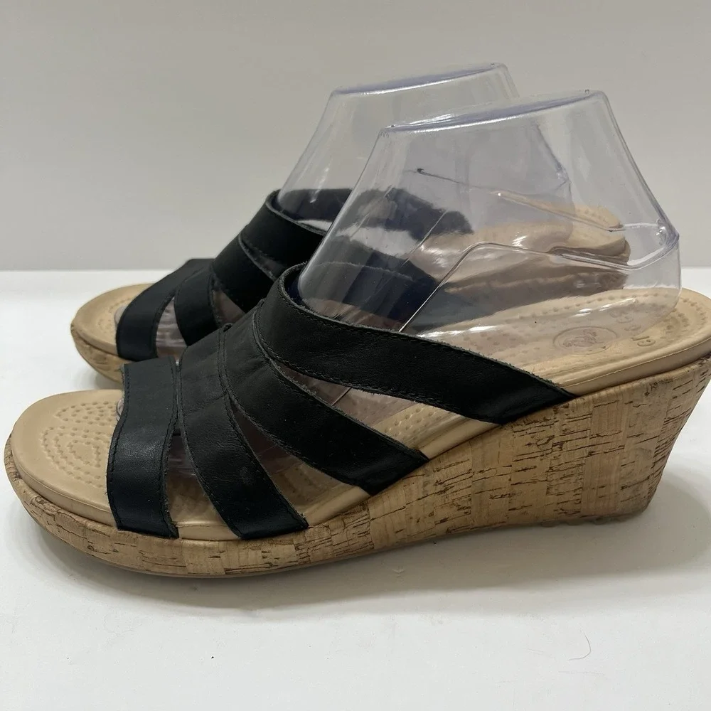 Crocs A Leigh Wedge Cork Sandals Strappy Black Women's 10